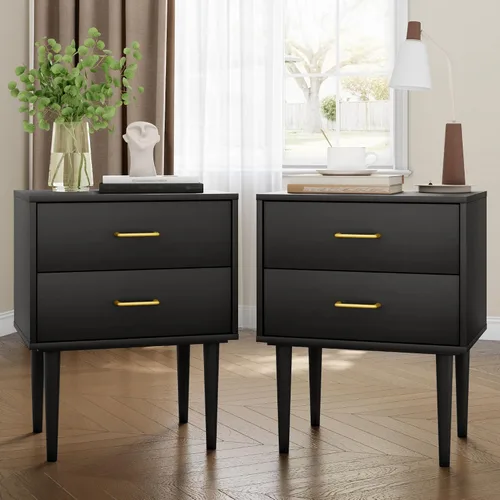 Miniatura 8 de Mesita de noche, mesita de noche negra y dorada con panel estriado, mesa de cabecera con 2 cajones, mesita de noche moderna grande de mediados