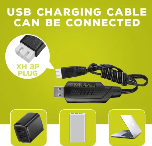 Miniatura 7 de Batería de iones de litio de 7.4 V 3000 mAh 15C 2S con enchufe JST-2P con cable de carga USB para UDIRC UD1601 UD1602 SG1603 RC Car 1/10, 1/12, 1/16