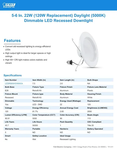 Miniatura 2 de Feit Electric Luces LED Empotradas Retrofit de 5 o 6 Pulgadas para Downlights, Equivalente a 120 Vatios de Alto Rendimiento, 2000 Lúmenes 5000K Luz