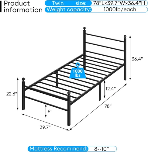 Miniatura 2 de Base de cama de tamaño individual con cabecero, cama de plataforma de metal con luces LED, estación de carga, almacenamiento debajo de la cama