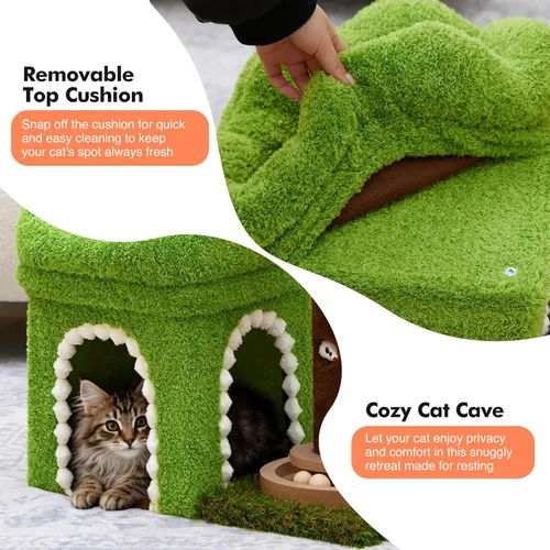 Miniatura 6 de Woochpet Árbol pequeño para gatos con poste rascador y pista de bolas, torre verde para gatos con hojas realistas para gatitos y gatos pequeños