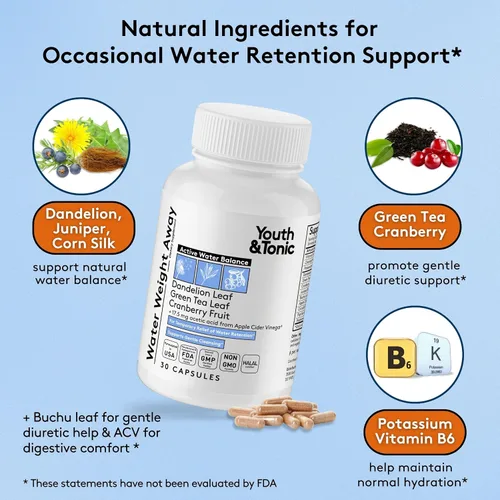 Miniatura 3 de Youth & Tonic Pastillas de agua para retención de líquidos, diurético natural para aliviar la hinchazón y el equilibrio de líquidos, soporte