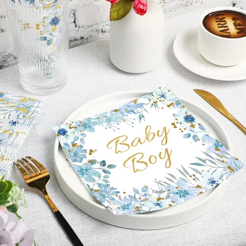 Miniatura 4 de Outus 100 servilletas de elefante azul para baby shower, decoraciones de baby shower para niños, cócteles, postres, servilletas de papel desechables
