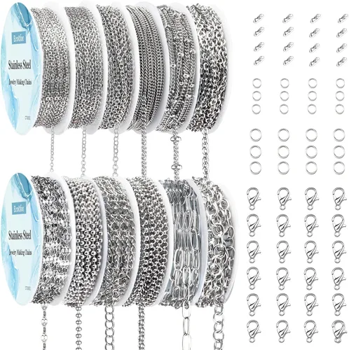 Miniatura 12 de Cadenas de collar para fabricación de joyas, 78.7 pies, 10 rollos de cadenas de joyería de acero inoxidable para hacer collares, pulseras, joyería
