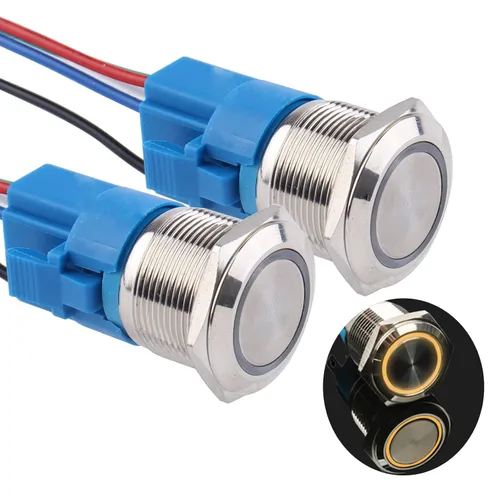 Miniatura 13 de Paquete de 2 interruptores de botón momentáneos de 0.63 pulgadas, 12 V-24 V, LED, impermeable, de metal, 1 NO 1 NC, con enchufe de cable