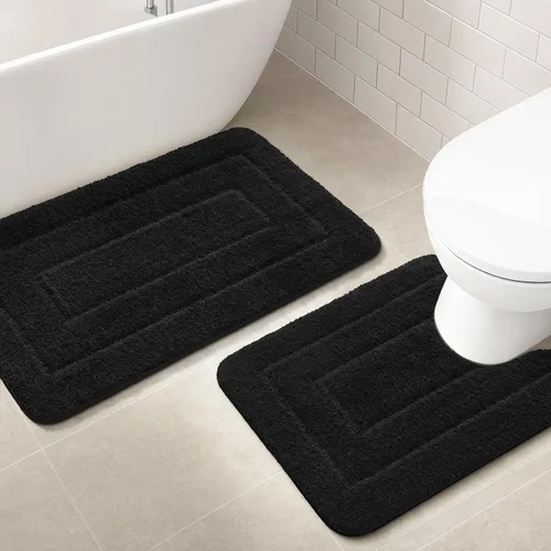 Miniatura 10 de HOMORE Alfombra de baño negra de 24 x 17 pulgadas, suave y absorbente, alfombra de baño pequeña, alfombra de baño lavable antideslizante para bañera