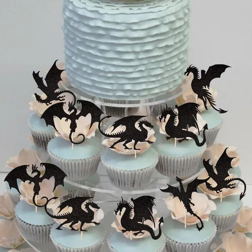 Miniatura 5 de Paquete de 24 adornos para cupcakes de dragón con purpurina de fantasía, para cumpleaños, temática de dragón volador, baby shower, fiesta