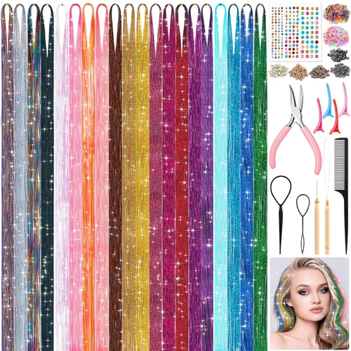 Kit de oropel para cabello de hadas de 20 colores, 4000 hebras brillantes de 48 pulgadas, extensiones de cabello de oropel resistentes al calor, 20