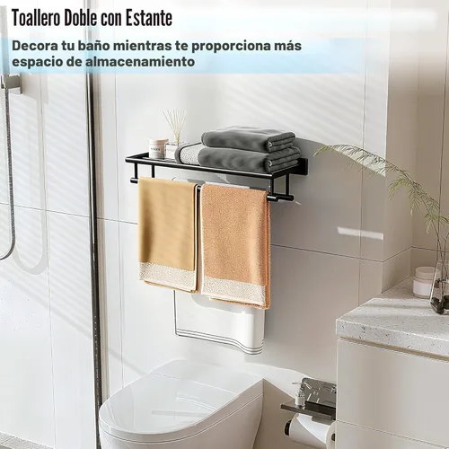 Miniatura 4 de Alise Toallero Doble para Baño Montado en la Pared, Soporte de Toalla de Baño de 24 Pulgadas Toallero Negro con Barras de Toalla Dobles, Barra