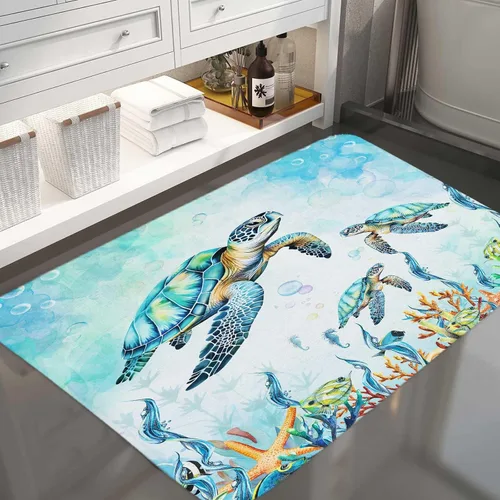 Miniatura 7 de MERCHR Alfombras de baño con diseño de tortuga marina de acuarela, color azul, animales marinos náuticos, alfombras de baño subacuáticas, bonitas