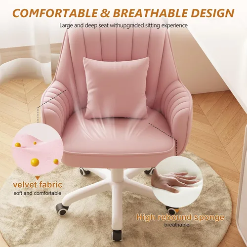 Miniatura 4 de Silla de Oficina para el Hogar de Terciopelo Sillas de Tocador Bonita Silla de Escritorio de Maquillaje con Ruedas Respaldo Medio Sillas de Rosa