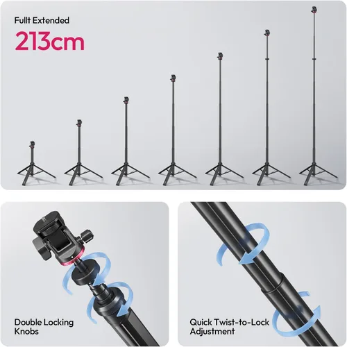 Miniatura 3 de ULANZI MT-80 Trípode de aluminio, trípode de cámara y teléfono de 2,13 m extensible para viajes, autodespliegue, rosca de 6,35 mm, cabezal de bola