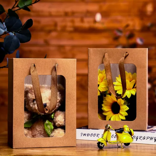Miniatura 7 de Yexiya 15 bolsas de regalo de papel con ventana transparente, 7 x 5 x 10 pulgadas, bolsas de compras de papel kraft para bodas, cumpleaños