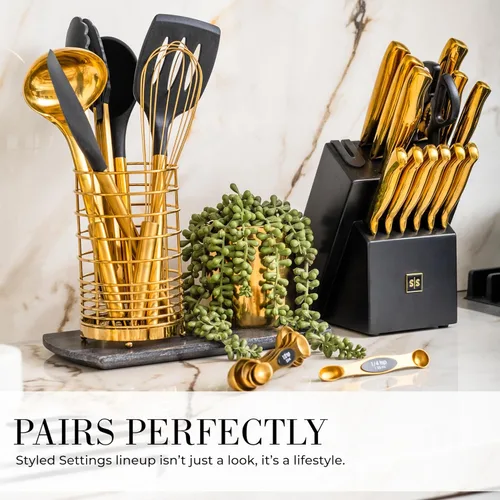 Miniatura 6 de Juego de utensilios de cocina negro y dorado de Styled Settings – Juego de cocina de 15 piezas incluye utensilios de silicona negros, soporte