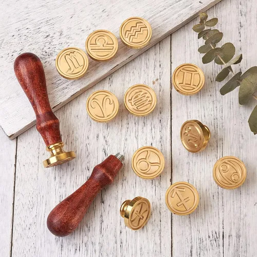 Miniatura 6 de Elecrelive - Juego de sellos de cera, 12 piezas con diseño de constelaciones, cabezas de sellado con 2 piezas de mango de madera de haya