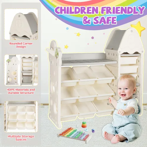 Miniatura 4 de Organizador de almacenamiento de juguetes para niños de 4 niveles con 14 cubos de juguetes extraíbles, compacto, estilo bohemio, organizador
