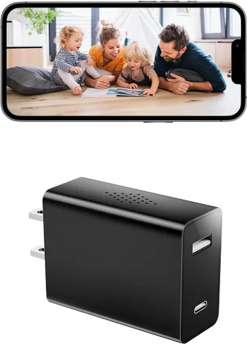 NJINALW Cámara de carga inteligente inalámbrica, mini cámara WiFi HD 1080P con visión nocturna, diseño de doble puerto (USB + tipo C) - Micro cámara