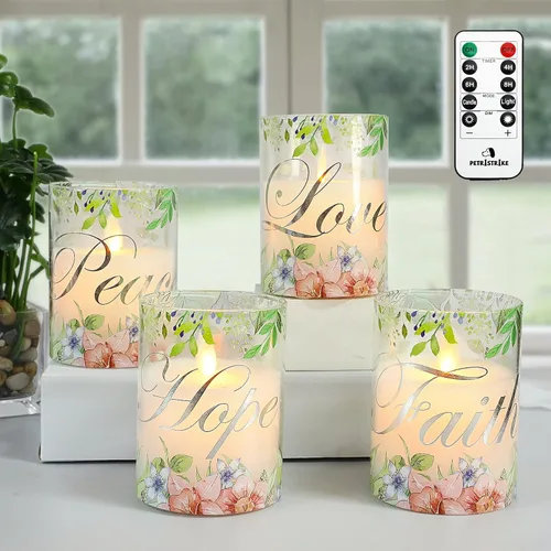 Velas de pilar sin llama, color rosa, velas LED de cristal, funcionan con pilas con control remoto/temporizador, juego de 4 velas para regalos de