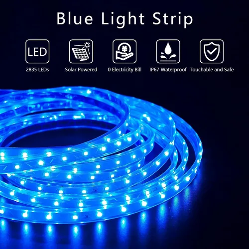 Miniatura 4 de Tira de luces LED solares azules para exteriores, tira LED impermeable IP67 de 16.4 pies, cable USB para uso recargable, cuerda de luces solares