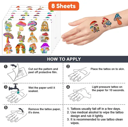 Miniatura 7 de 96 tatuajes temporales para niños, bonitos diseños de hongos, vegetales y plantas de bosque trippy, calcomanías falsas impermeables para niños