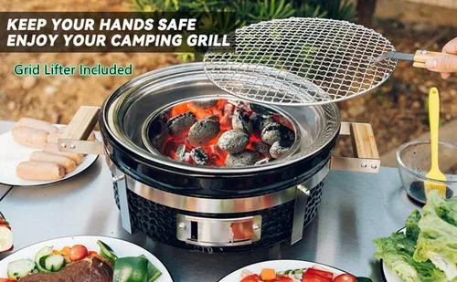 Miniatura 4 de ONLYFIRE GRILLS Parrilla de carbón Hibachi de cerámica con elevador de rejilla, parrilla Yakitori portátil de 14 pulgadas con rejilla de acero