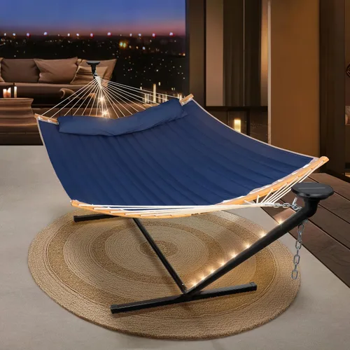 Miniatura 14 de SUNCREAT Hamaca doble para exteriores con soporte de 12 pies, hamacas autoportantes con soporte, beige