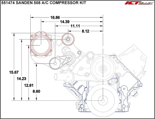 Miniatura 5 de ICT Billet Kit de soporte para compresor de aire acondicionado compatible con LS Corvette - Sanden 508 A/C LS AC GTO 551474-1