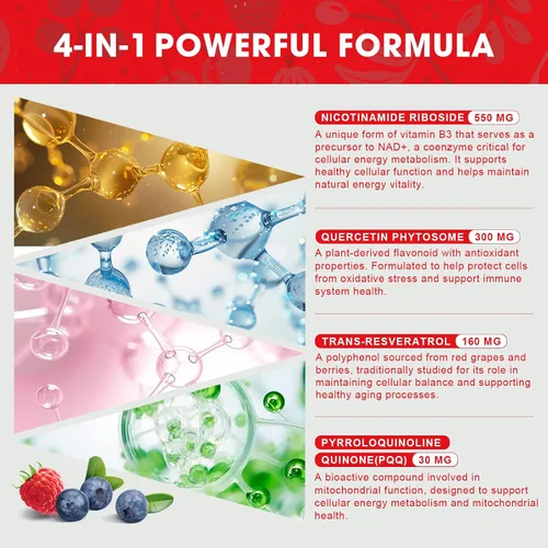 Miniatura 3 de Suplemento NAD+ de 1000 mg – Paquetes de palitos líquidos NAD con nicotinamida, resveratrol, PQQ y quercetina – Sabor a bayas – Apoya la energía