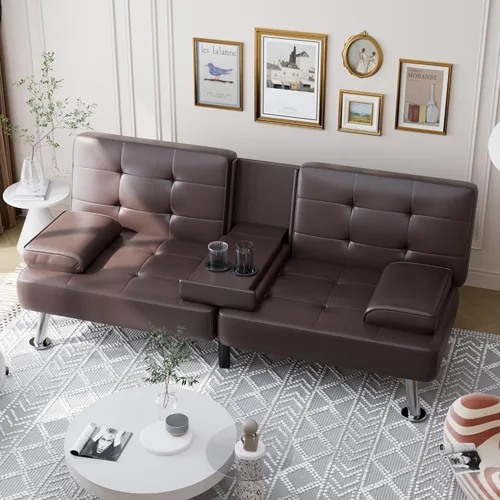 Miniatura 8 de Shahoo - Sofá cama convertible tipo futón plegable para sala de estar, sofá cama con respaldo tapizado de cuero sintético, sillón con reposabrazos