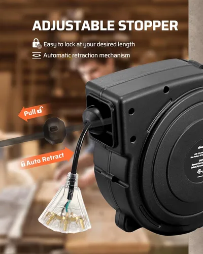 Miniatura 3 de DEWENWILS Carrete de cable de extensión retráctil, cable de alimentación resistente de 40 pies, 12 AWG/3 C SJTOW, 3 tomas de tierra iluminadas
