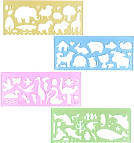 BronaGrand 4 plantillas de dibujo para niños, regla de plástico, plantillas de pintura para niños, 4 colores transparentes