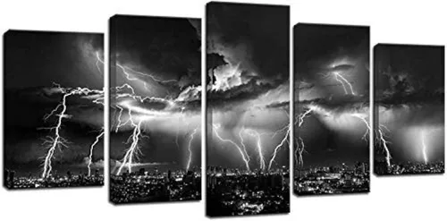 Miniatura 8 de Biuteawal - Arte de pared en blanco y negro de la naturaleza, relámpagos en las nubes, pintura sobre lienzo, tormenta y vista nocturna de la ciudad