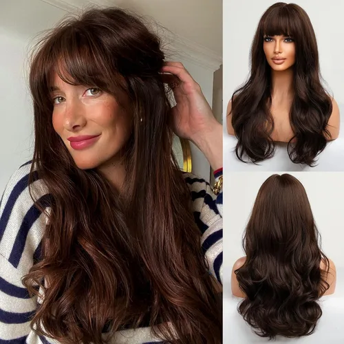 Miniatura 18 de HAIRCUBE Peluca larga rubia mezclada con marrón con flequillo, pelucas rizadas en capas para mujeres, pelucas sintéticas naturales para uso diario