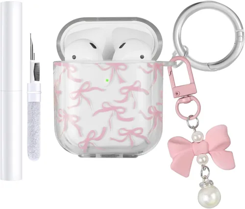 Miniatura 13 de Funda compatible con AirPods, funda de TPU suave con bonito patrón de flores para AirPods de 2 y 1 generación con llavero colgante y mosquetón