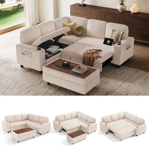 Miniatura 40 de LINSY HOME - Sofá cama extraíble modular con sección para dormir, con almacenamiento, sofá seccional de pana mullida para sala de estar, sofá cama