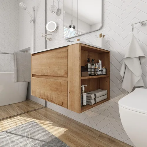 Miniatura 13 de Juego de tocador de baño flotante de 22 pulgadas con lavabo, moderno tocador de baño montado en la pared con lavabo de cerámica y puerta de cierre