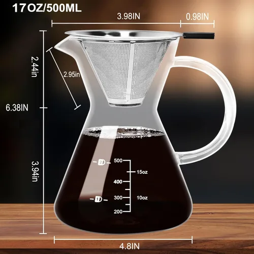 Miniatura 2 de Cafetera de vidrio para verter sobre vidrio de 17 onzas y filtro inoxidable Double Stainless,Thickened Heat-Resistant Borosilicate Glass,Plastic