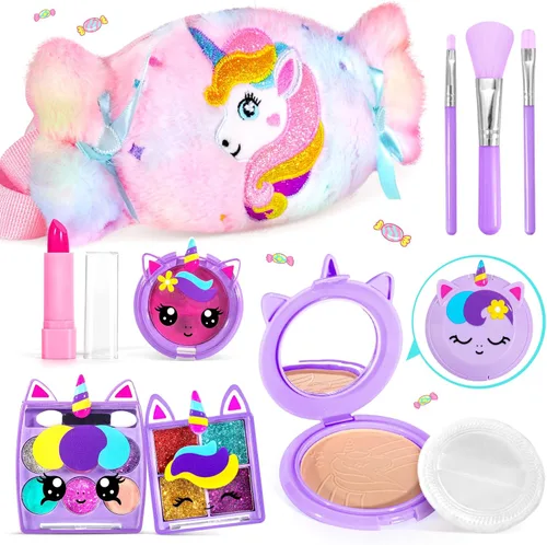 ULOVEME Kit de maquillaje real para niñas con bolso esponjoso, juguete de maquillaje real, no tóxico, lavable, juguetes de Umicorn, regalo para
