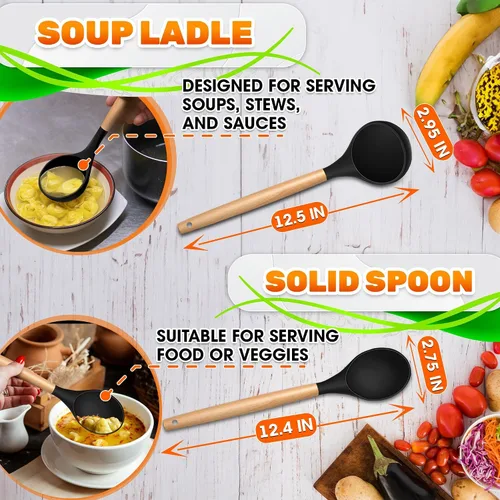 Miniatura 2 de Juego de 14 utensilios de cocina de silicona negra con soporte, utensilios de cocina versátiles con asas de madera resistentes, juego de utensilios