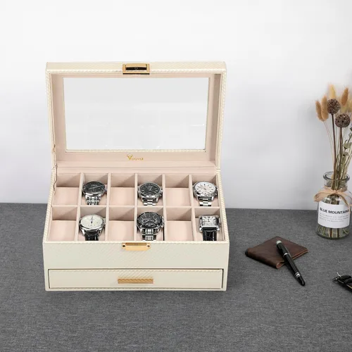 Miniatura 6 de Voova - Organizador de cajas de joyería para relojes para hombres y mujeres, 2 capas grandes con 12 ranuras, estuche de almacenamiento de relojes
