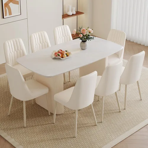 Miniatura 9 de Juego de mesa de comedor blanca para 4, juego de mesa de comedor de mármol de 67 pulgadas con mesa ovalada blanca crema de 3.5 pulgadas de grosor