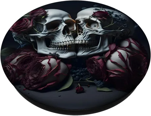 Miniatura 2 de Calavera de azúcar pareja amor negro gótico floral rosas rojas PopSockets intercambiables PopGrip