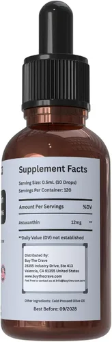 Miniatura 2 de Gotas líquidas de astaxantina infundidas con aceite de oliva virgen extra prensado en frío, 12 mg por porción, soporte antioxidante natural, botella