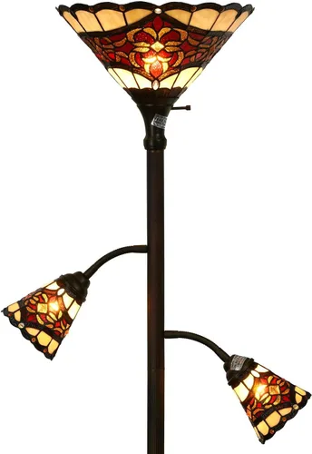 Miniatura 15 de Bieye L10838 Lámpara de pie Tiffany estilo flamenca con vitral y luces laterales para lectura, 177.8 cm de alto (Llama, Rojo)