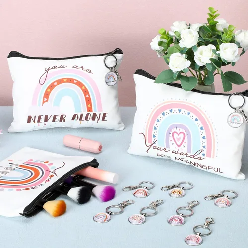 Miniatura 7 de Pinkunn Bolsa de cosméticos de lona arcoíris para el día de la madre, regalos a granel para mujeres con cita inspiradora, juego de 16 bolsas