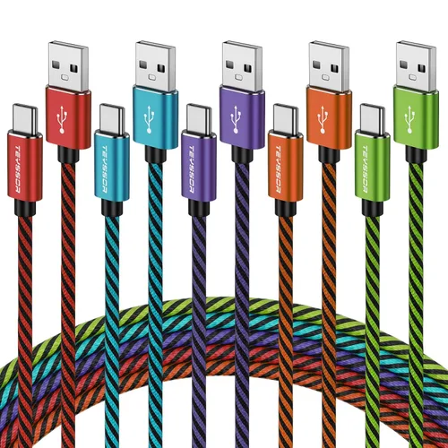 Teyssor Cable USB C de 10 pies, paquete de 5 unidades de nailon trenzado USB A a tipo C, cable de carga rápida compatible con Samsung Galaxy S24 S23