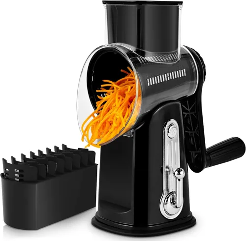 Miniatura 13 de SUSTEAS Rallador rotativo de queso con asa, triturador de verduras con 5 cuchillas bien diseñadas y base de succión fuerte, cortador redondo de Verde