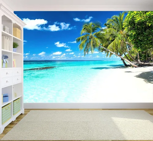 Miniatura 5 de Reyhui - Papel tapiz con imagen de palmera, paraíso tropical, playa, paisaje marino, para paredes de dormitorio, sala de estar, fondo de televisión
