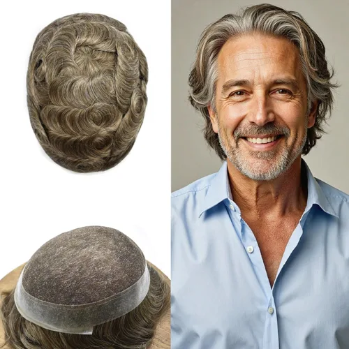 Miniatura 117 de Toupee para hombres Sistema de reemplazo de cabello humano real pieza de cabello humano para hombres encaje suizo para hombre Toupee Hair Pieces