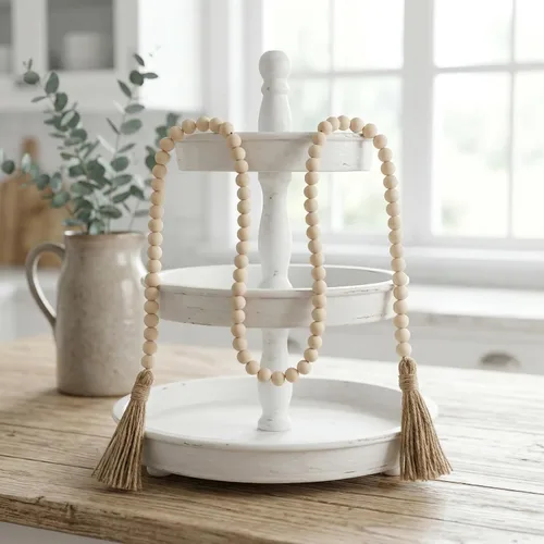 Miniatura 7 de Cuentas estilo granja, guirnalda de cuentas de madera de 58 pulgadas con borlas, decoración rústica de campo, cuentas bohemias de oración